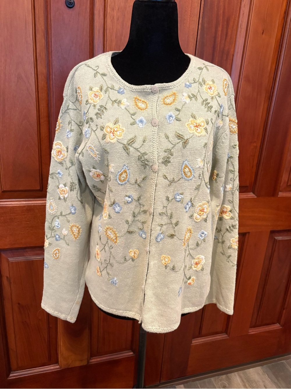 Vintage Talbots Petite M Cardigan Embroidered Flowers Linen Blend Cottagecore